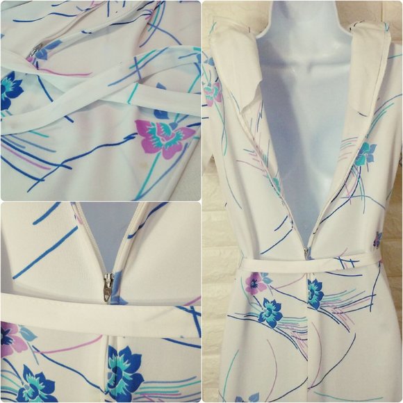 Vintage 70s Floral Sheath Day Dress -S(6) A-Line Dbl-Knit Polyester Belt Zip - Picture 7 of 10